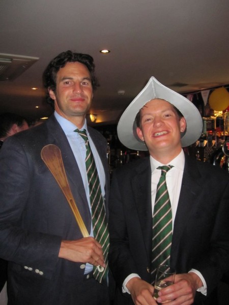 Rupert Finch shows off his award- the wooden spoon while Nick Hyde proudly wears the Conquistador helmet.
